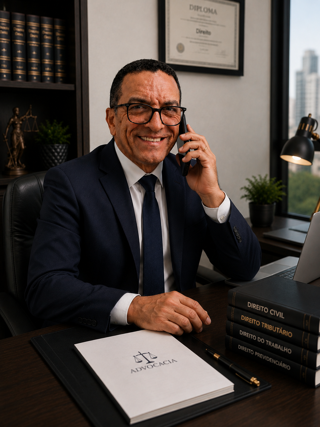 Dr. Marcelino José de Souza em atendimento por telefone no escritório
